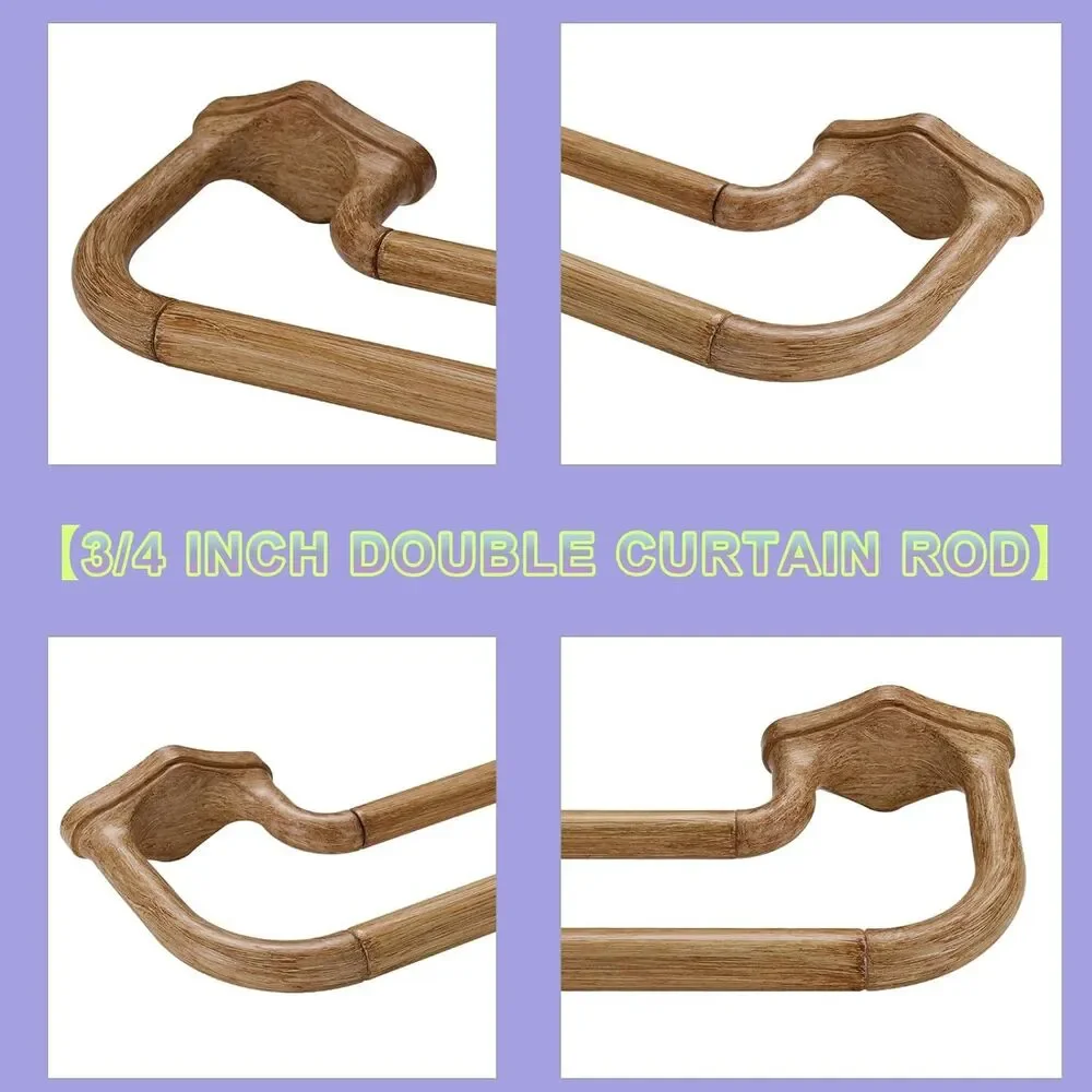 Brown Wood Grain Double Curtain Rods For Windows 72-144